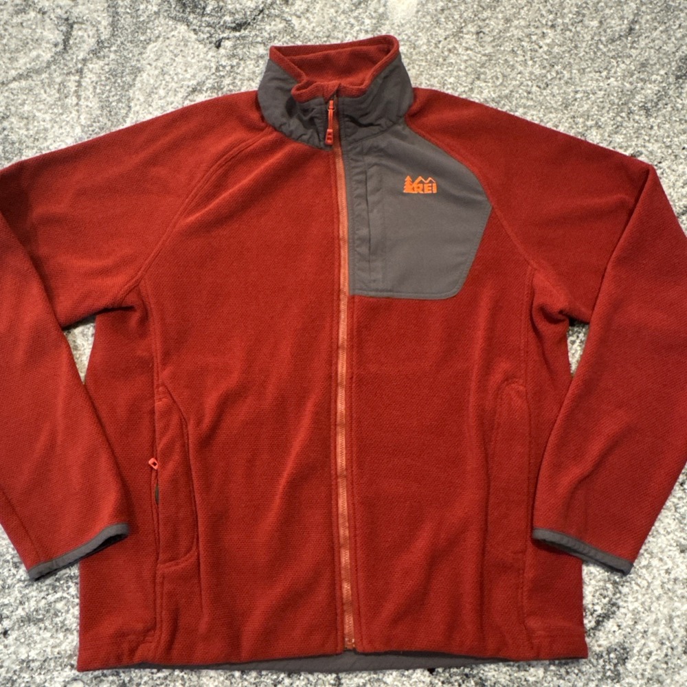 REI Polartec Jumper Men's Large Red Grey Full Zip Pocket High Neck Logo #241